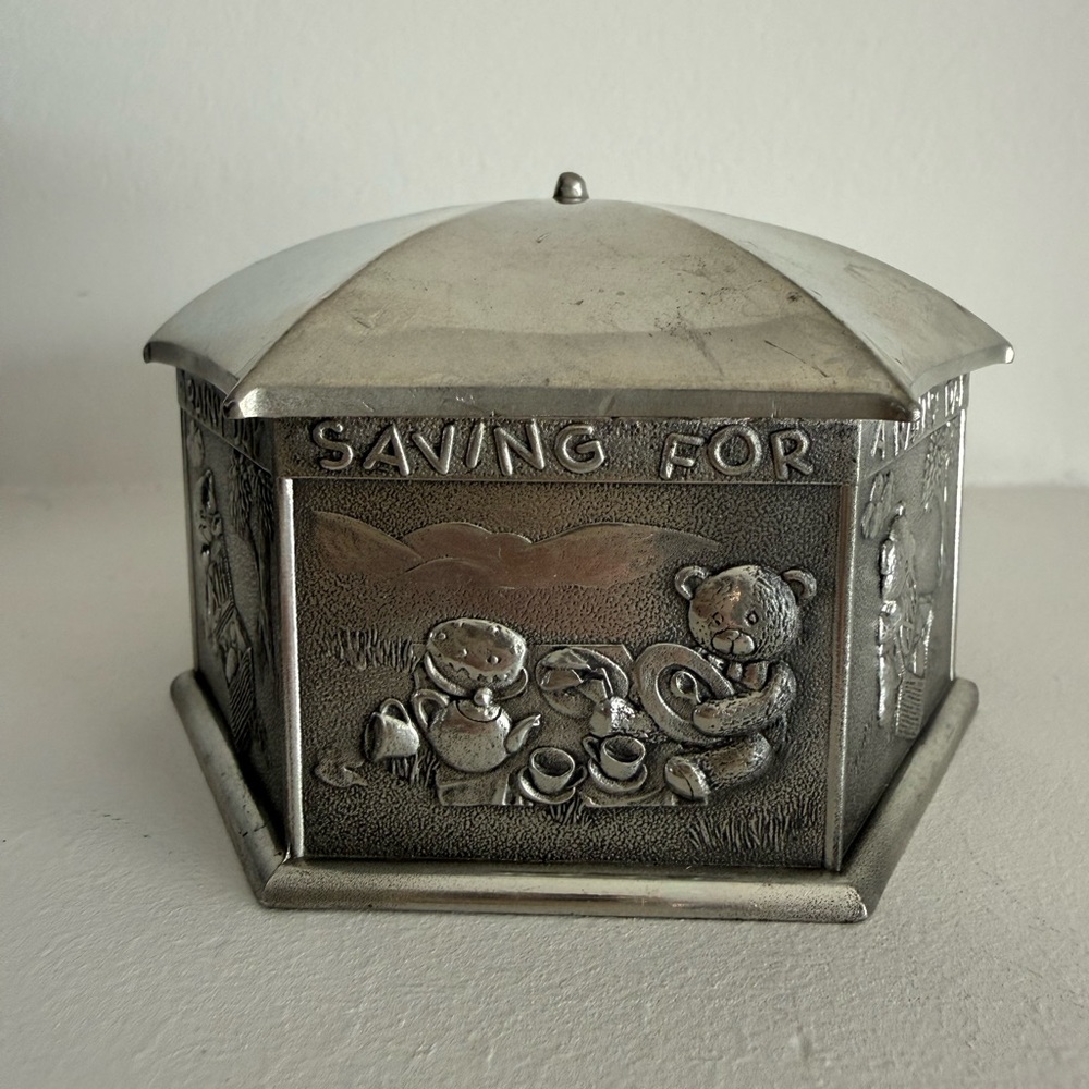 Children's Silver-Tone Bear Savings Bank Box